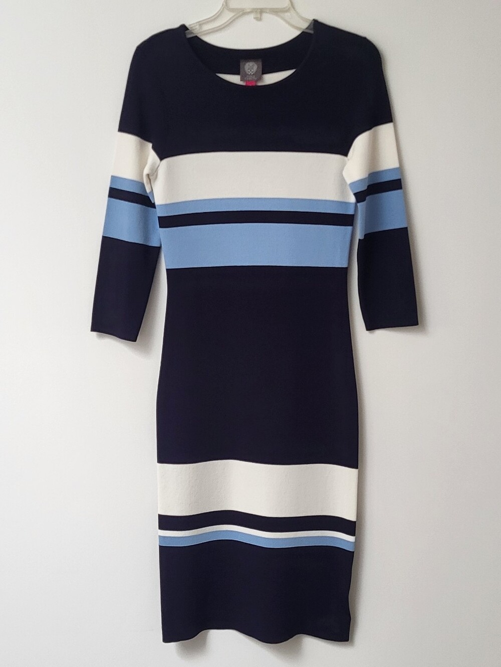 Vince Camuto Navy, White & Light Blue Striped Midi Dress